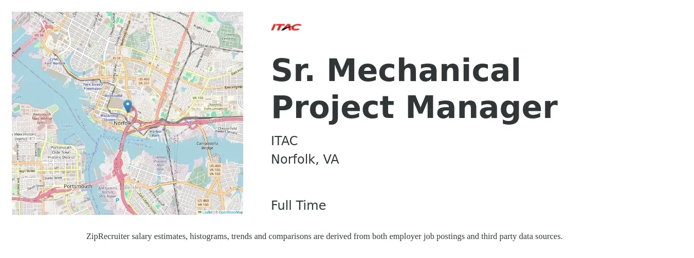 ITAC job posting for a Sr. Mechanical Project Manager in Norfolk, VA with a salary of $94,300 to $118,500 Yearly with a map of Norfolk location.