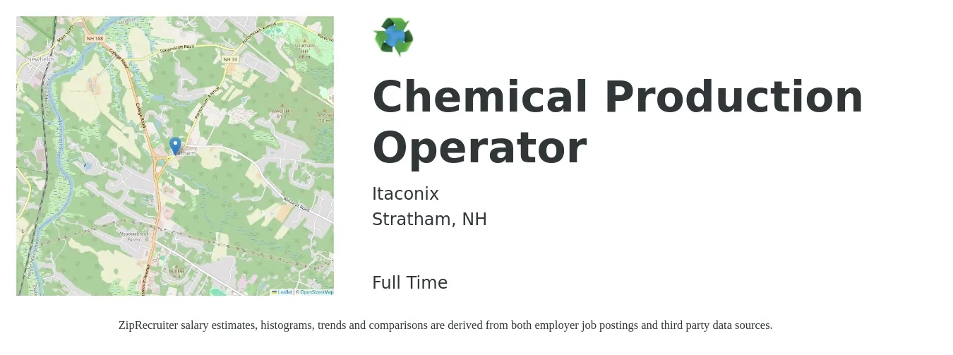 Itaconix job posting for a Chemical Production Operator in Stratham, NH with a salary of $20 Hourly with a map of Stratham location.