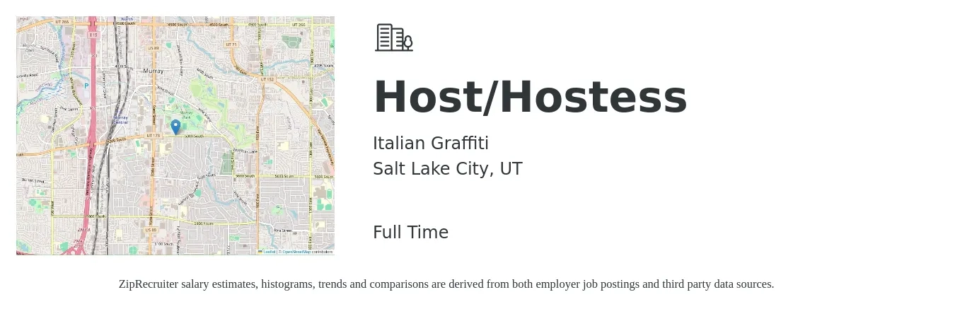 Italian Graffiti job posting for a Host/Hostess in Salt Lake City, UT with a salary of $12 to $16 Hourly with a map of Salt Lake City location.