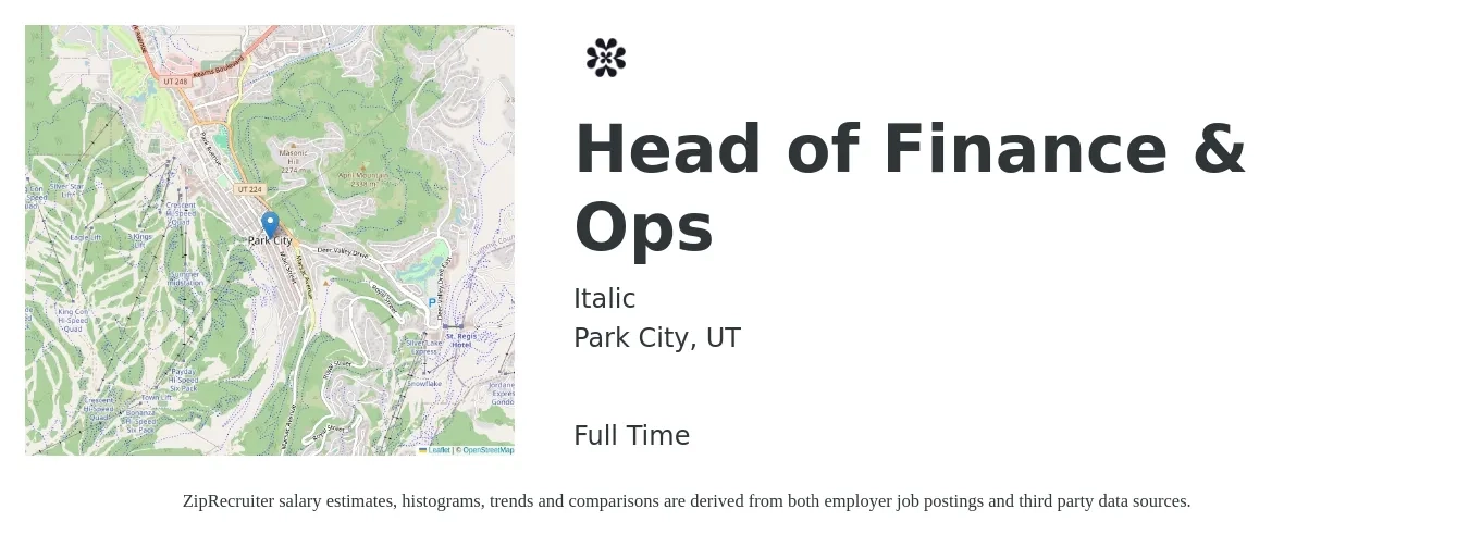 Italic job posting for a Head of Finance & Ops in Park City, UT with a salary of $111,900 to $179,900 Yearly with a map of Park City location.