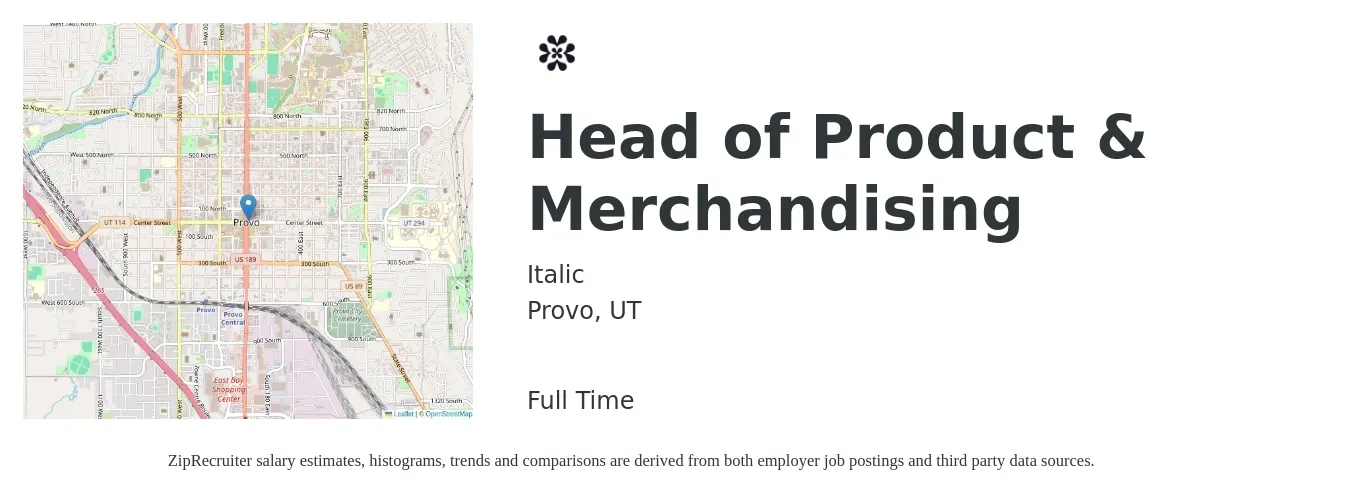 Italic job posting for a Head of Product & Merchandising in Provo, UT with a salary of $220,400 to $230,800 Yearly with a map of Provo location.