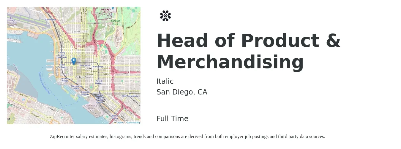 Italic job posting for a Head of Product & Merchandising in San Diego, CA with a salary of $247,400 to $259,100 Yearly with a map of San Diego location.