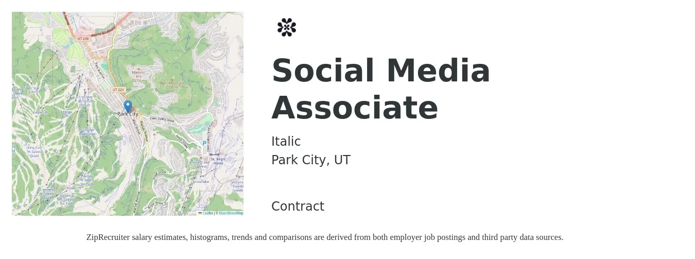 Italic job posting for a Social Media Associate in Park City, UT with a salary of $42,900 to $71,100 Yearly with a map of Park City location.