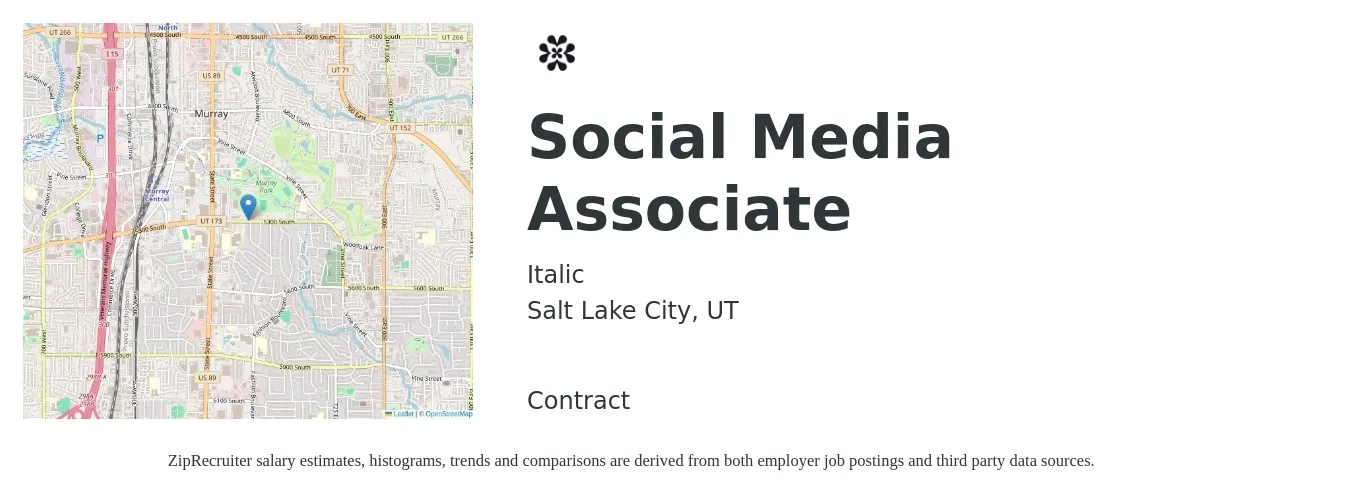 Italic job posting for a Social Media Associate in Salt Lake City, UT with a salary of $39,700 to $65,800 Yearly with a map of Salt Lake City location.