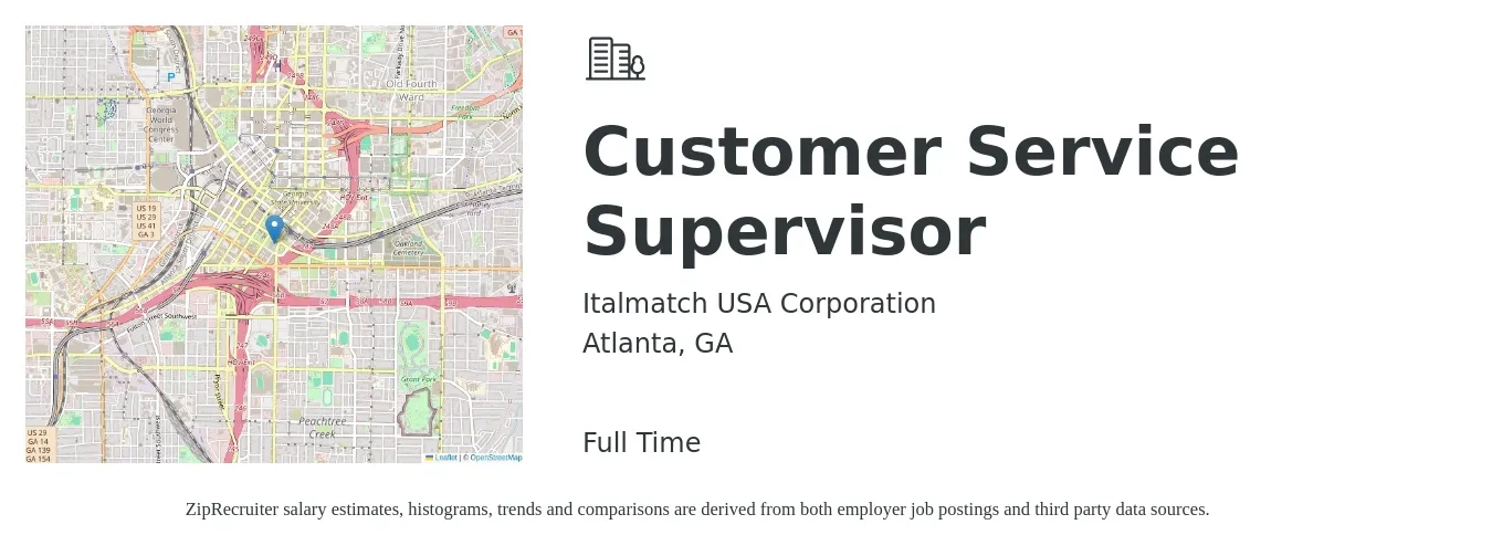 Italmatch USA Corporation job posting for a Customer Service Supervisor in Atlanta, GA with a salary of $39,400 to $67,300 Yearly with a map of Atlanta location.