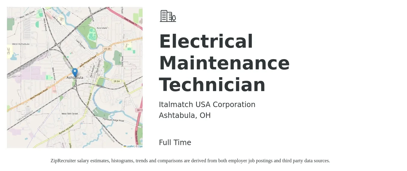 Italmatch USA Corporation job posting for a Electrical Maintenance Technician in Ashtabula, OH with a salary of $24 to $32 Hourly with a map of Ashtabula location.