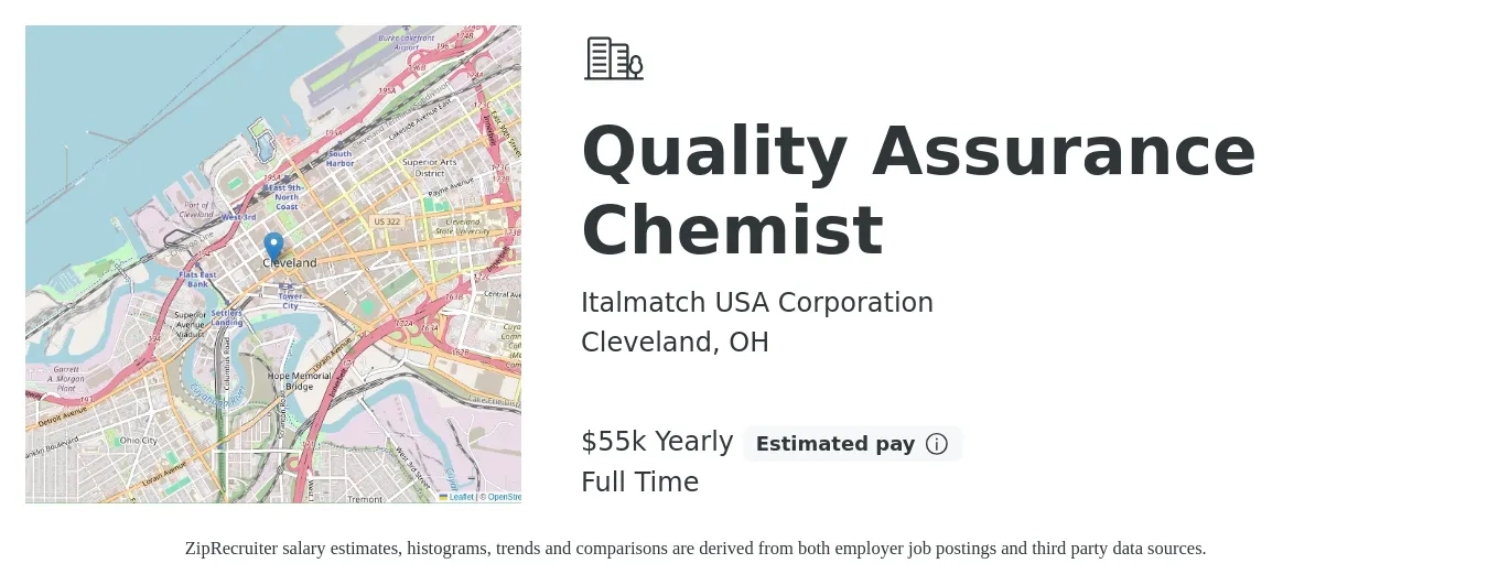 Italmatch USA Corporation job posting for a Quality Assurance Chemist in Cleveland, OH with a salary of $55,000 Yearly with a map of Cleveland location.