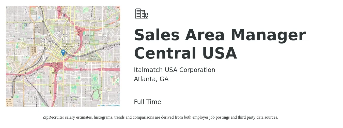 Italmatch USA Corporation job posting for a Sales Area Manager Central USA in Atlanta, GA with a salary of $69,200 to $108,200 Yearly with a map of Atlanta location.
