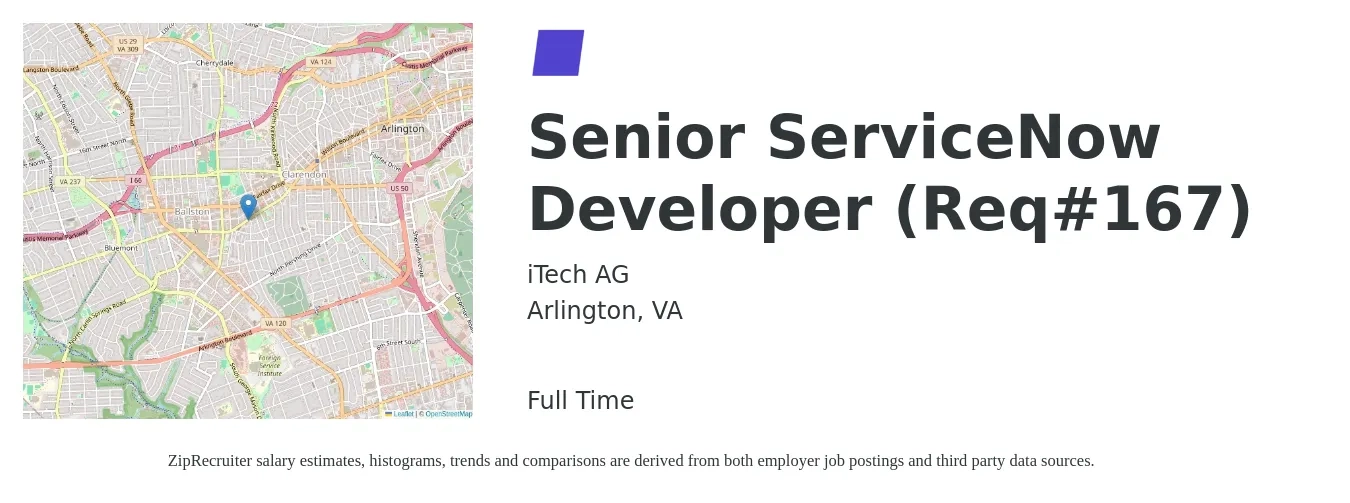 iTech AG job posting for a Senior ServiceNow Developer (Req#167) in Arlington, VA with a salary of $62 to $86 Hourly with a map of Arlington location.