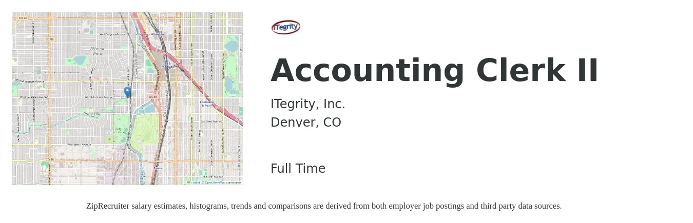 ITegrity, Inc. job posting for a Accounting Clerk II in Denver, CO with a salary of $19 to $24 Hourly with a map of Denver location.