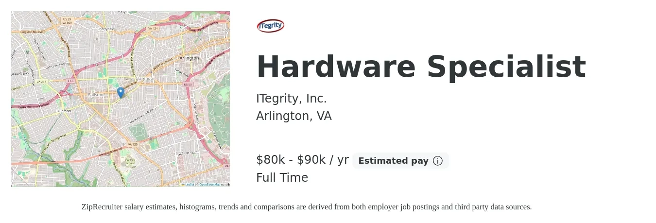ITegrity, Inc. job posting for a Hardware Specialist in Arlington, VA with a salary of $80,000 to $90,000 Yearly with a map of Arlington location.