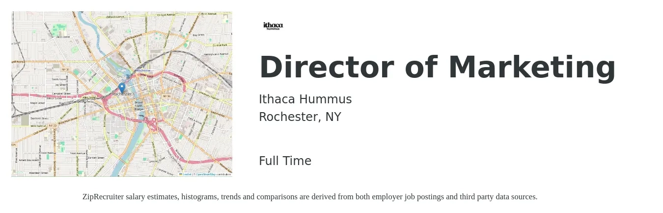Ithaca Hummus job posting for a Director of Marketing in Rochester, NY with a salary of $70,500 to $129,700 Yearly with a map of Rochester location.