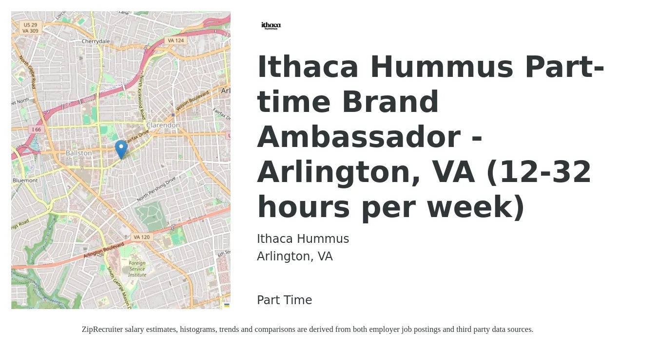Ithaca Hummus job posting for a Ithaca Hummus Part-time Brand Ambassador - Arlington, VA (12-32 hours per week) in Arlington, VA with a salary of $25 Hourly with a map of Arlington location.