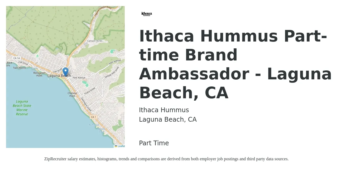 Ithaca Hummus job posting for a Ithaca Hummus Part-time Brand Ambassador - Laguna Beach, CA in Laguna Beach, CA with a salary of $25 to $30 Hourly with a map of Laguna Beach location.