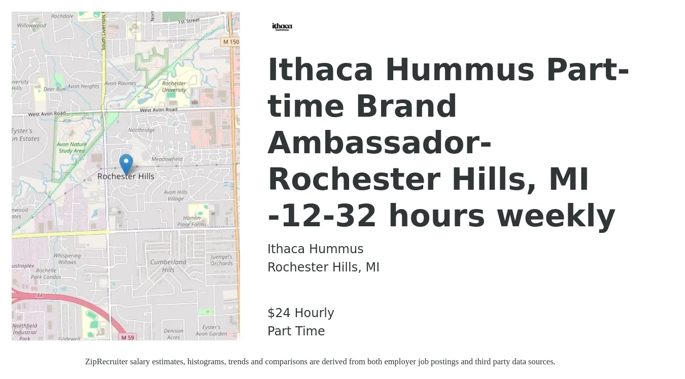 Ithaca Hummus job posting for a Ithaca Hummus Part-time Brand Ambassador-Rochester Hills, MI -12-32 hours weekly in Rochester Hills, MI with a salary of $25 Hourly with a map of Rochester Hills location.