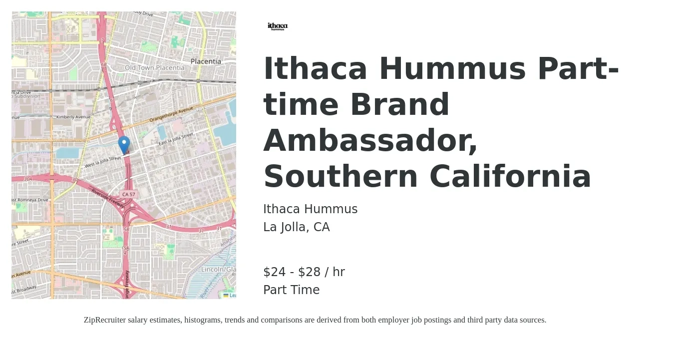 Ithaca Hummus job posting for a Ithaca Hummus Part-time Brand Ambassador, Southern California in La Jolla, CA with a salary of $25 to $30 Hourly with a map of La Jolla location.