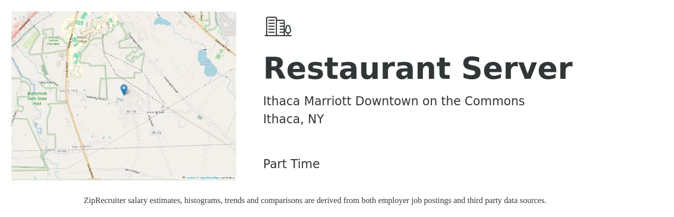 Ithaca Marriott Downtown on the Commons job posting for a Restaurant Server in Ithaca, NY with a salary of $10 to $16 Hourly with a map of Ithaca location.