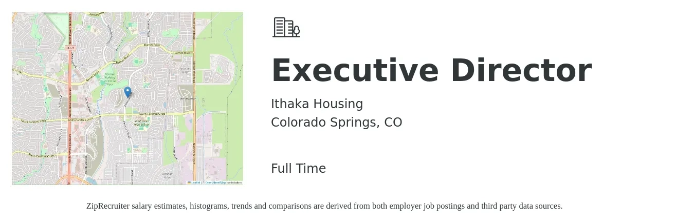 Ithaka Housing job posting for a Executive Director in Colorado Springs, CO with a salary of $85,000 to $95,000 Yearly with a map of Colorado Springs location.