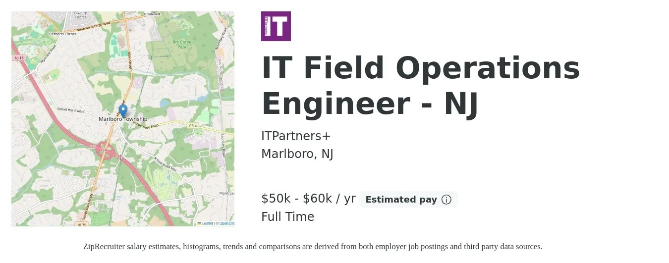 ITPartners+ job posting for a IT Field Operations Engineer - NJ in Marlboro, NJ with a salary of $50,000 to $60,000 Yearly with a map of Marlboro location.
