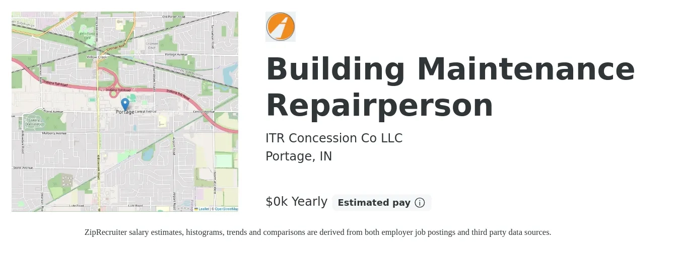 ITR Concession Co LLC job posting for a Building Maintenance Repairperson in Portage, IN with a salary of $24 Yearly with a map of Portage location.