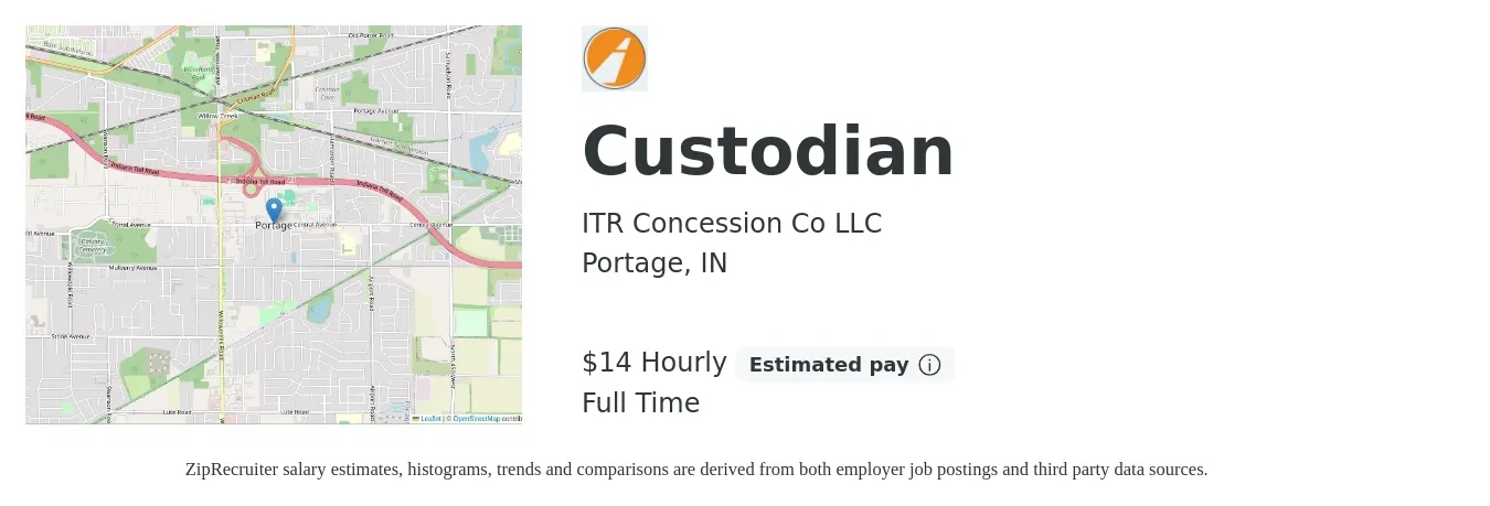 ITR Concession Co LLC job posting for a Custodian in Portage, IN with a salary of $15 Hourly with a map of Portage location.