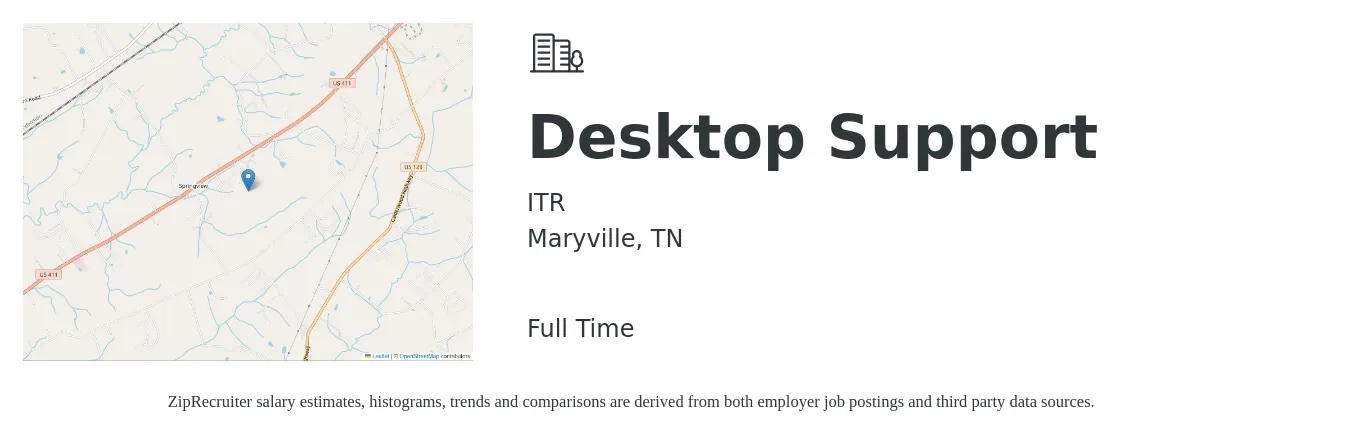 ITR job posting for a Desktop Support in Maryville, TN with a salary of $18 to $24 Hourly with a map of Maryville location.