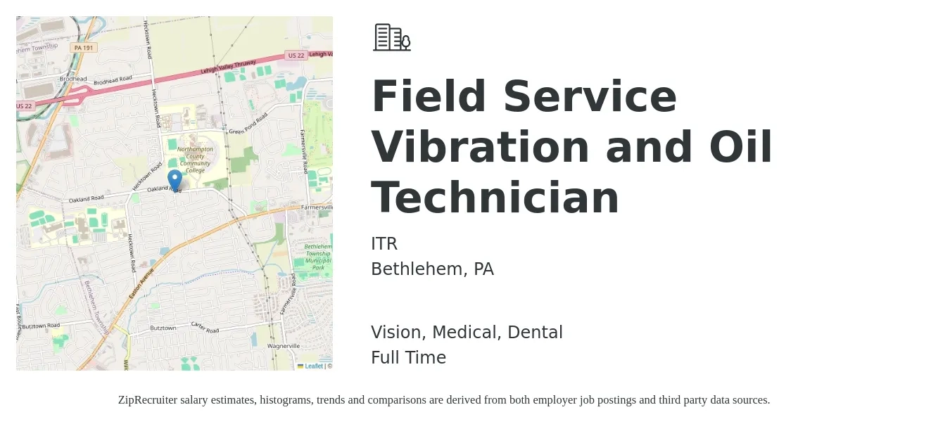ITR job posting for a Field Service Vibration and Oil Technician in Bethlehem, PA with a salary of $20 to $30 Hourly and benefits including retirement, vision, dental, and medical with a map of Bethlehem location.