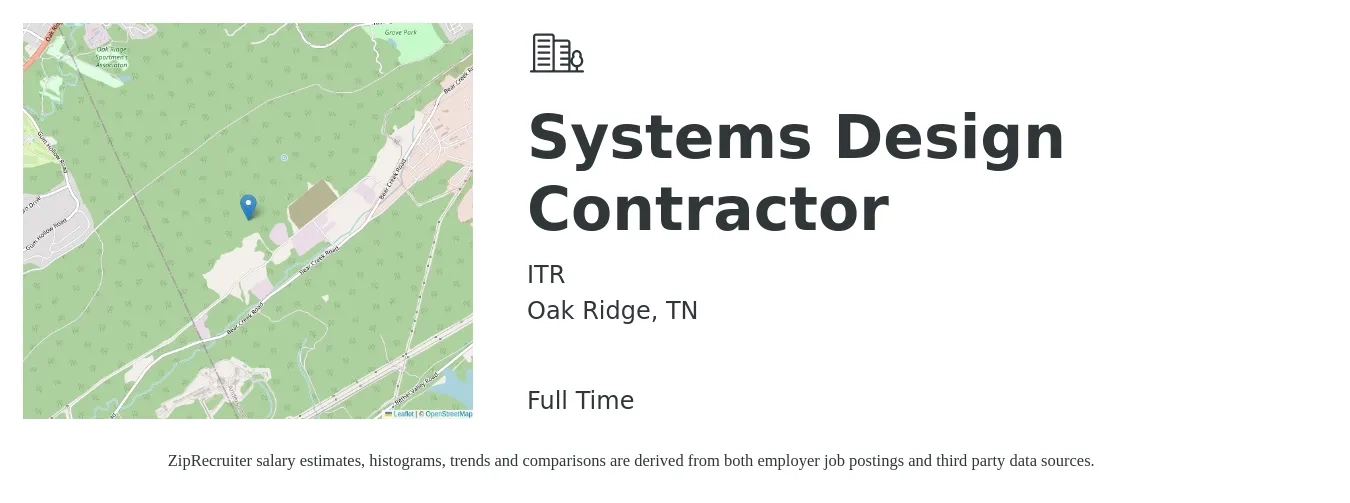ITR job posting for a Systems Design Contractor in Oak Ridge, TN with a salary of $95,600 to $131,000 Yearly with a map of Oak Ridge location.