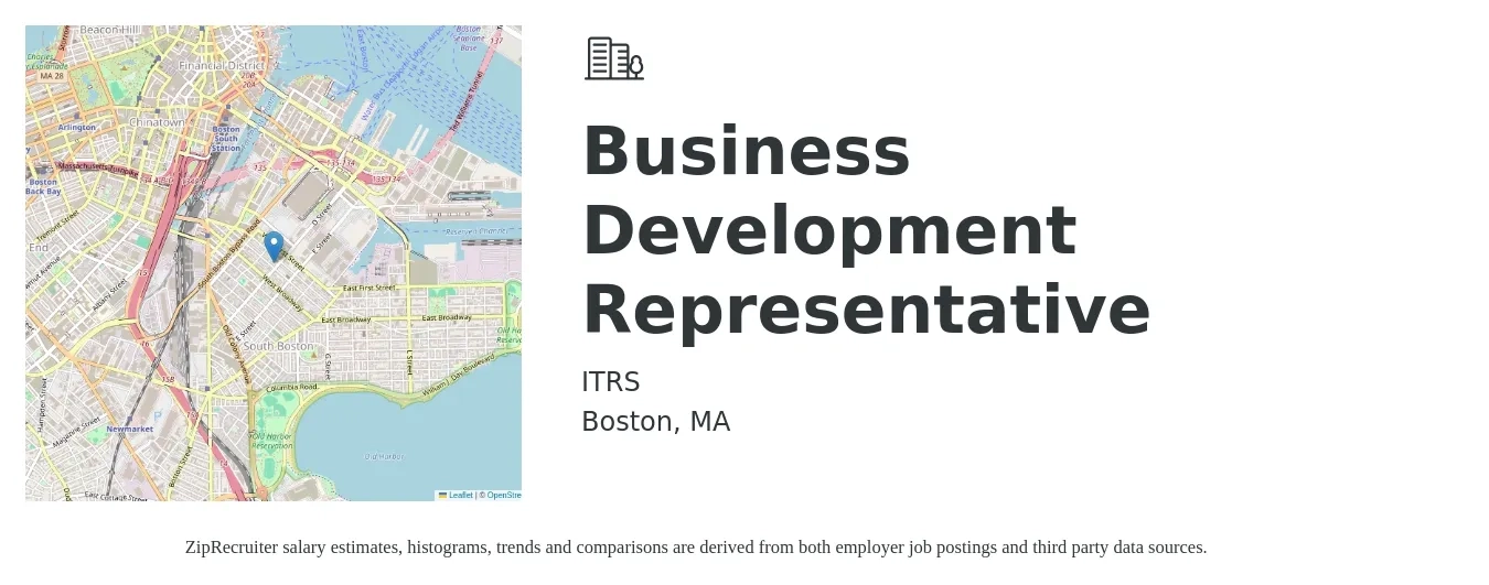 ITRS job posting for a Business Development Representative in Boston, MA with a salary of $48,900 to $76,000 Yearly with a map of Boston location.