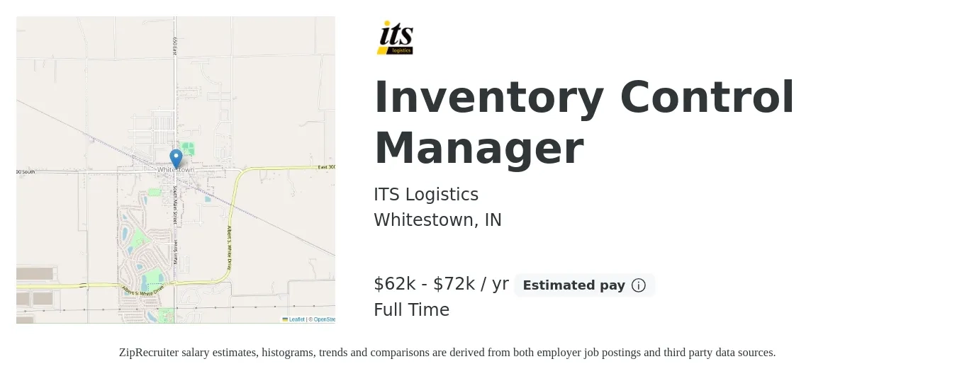 ITS Logistics job posting for a Inventory Control Manager in Whitestown, IN with a salary of $62,000 to $72,000 Yearly with a map of Whitestown location.