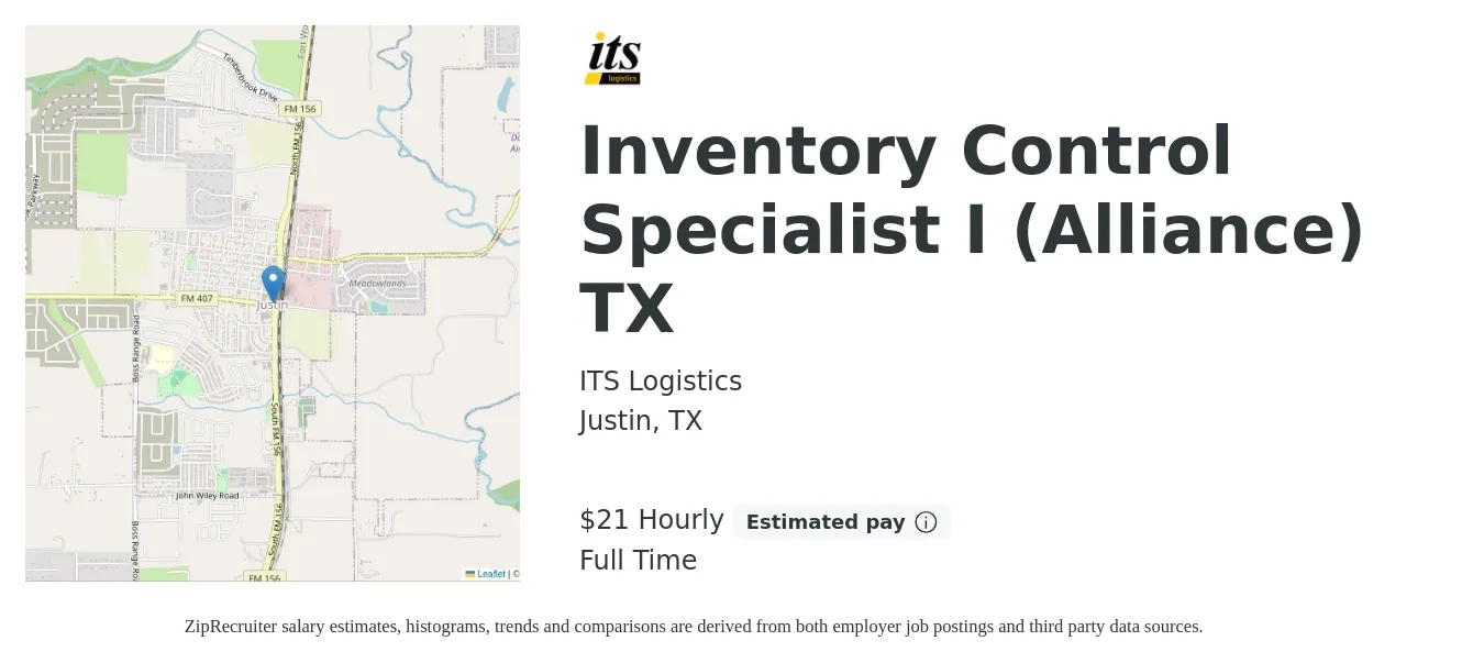 ITS Logistics job posting for a Inventory Control Specialist I (Alliance) TX in Justin, TX with a salary of $22 Hourly with a map of Justin location.