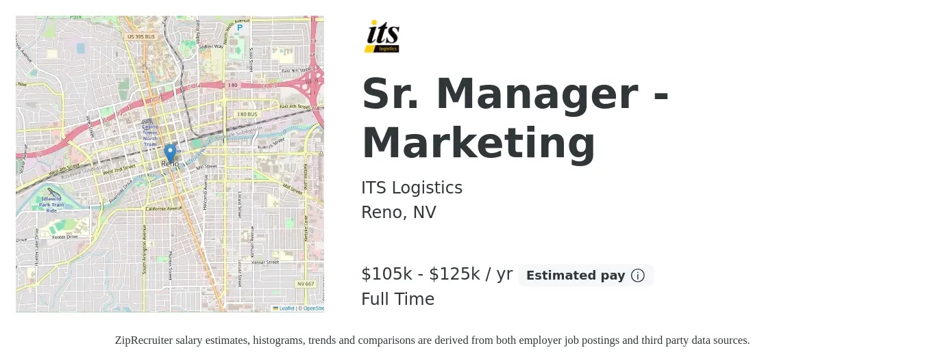 ITS Logistics job posting for a Sr. Manager - Marketing in Reno, NV with a salary of $105,000 to $125,000 Yearly with a map of Reno location.