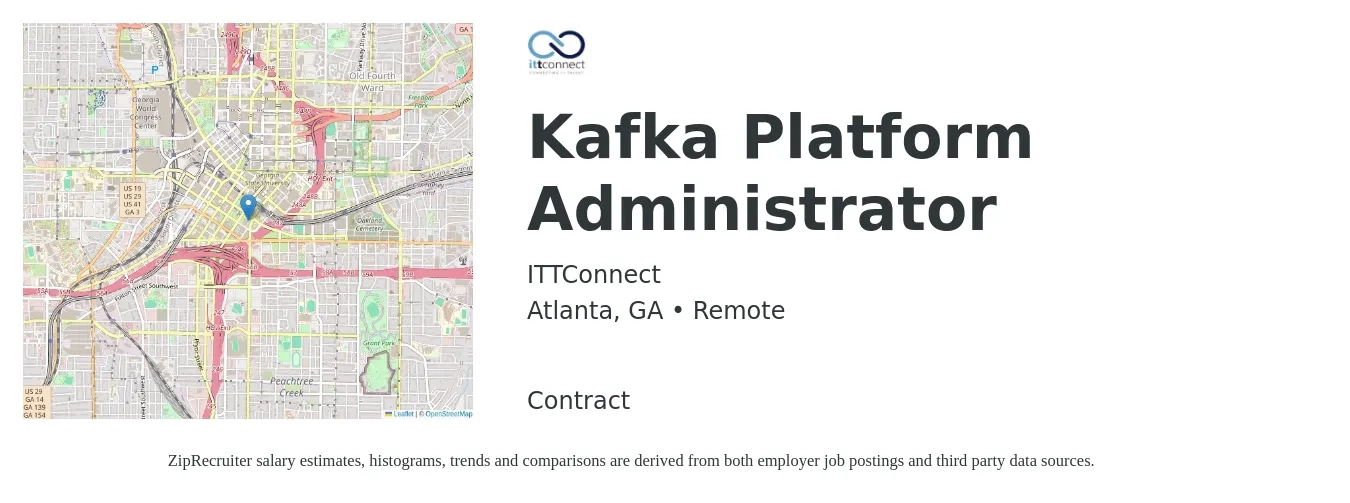 ITTConnect job posting for a Kafka Platform Administrator in Atlanta, GA with a salary of $67,300 to $100,000 Yearly with a map of Atlanta location.
