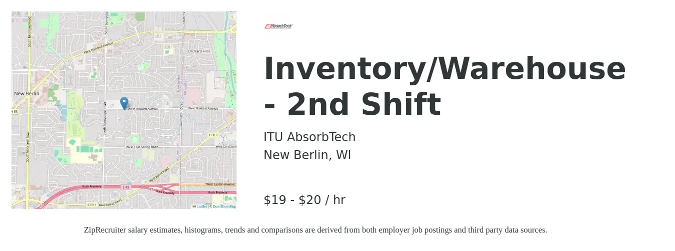 ITU AbsorbTech, Inc. job posting for a Inventory/Warehouse - 2nd Shift in New Berlin, WI with a salary of $18 Hourly with a map of New Berlin location.