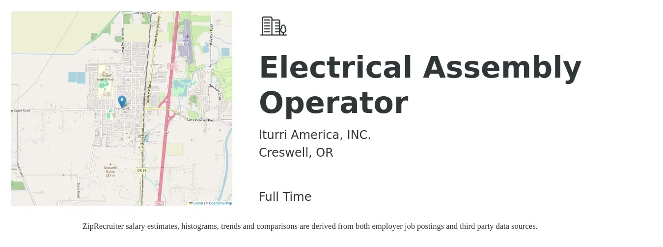 Iturri America, INC. job posting for a Electrical Assembly Operator in Creswell, OR with a salary of $18 to $22 Hourly with a map of Creswell location.