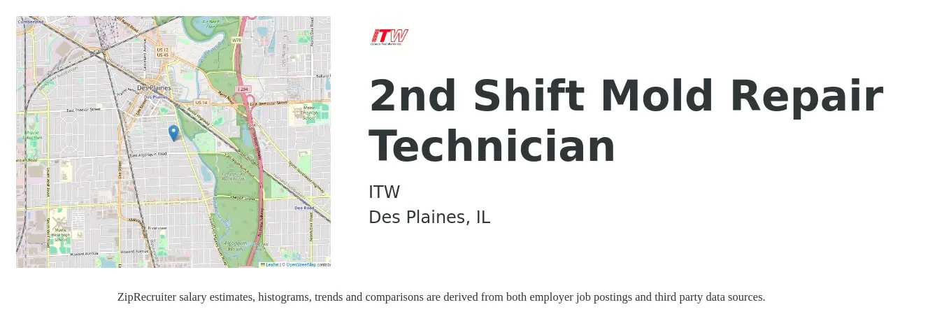 ITW job posting for a 2nd Shift Mold Repair Technician in Des Plaines, IL with a salary of $17 to $28 Hourly with a map of Des Plaines location.
