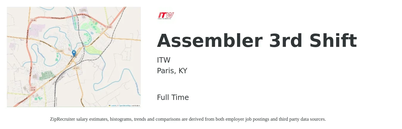 ITW job posting for a Assembler 3rd Shift in Paris, KY with a salary of $2,000 Weekly with a map of Paris location.