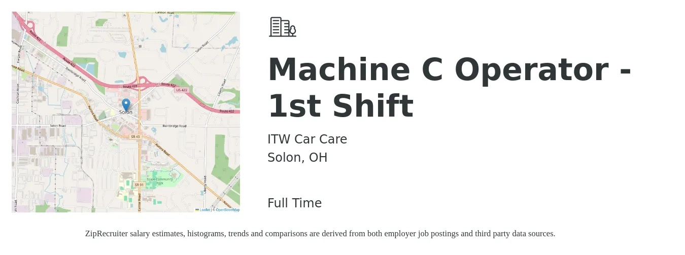 ITW Car Care job posting for a Machine C Operator - 1st Shift in Solon, OH with a salary of $16 to $19 Hourly with a map of Solon location.