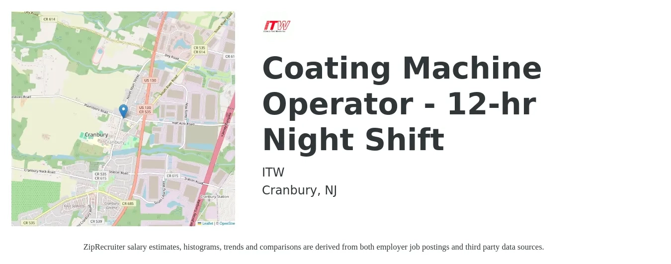 ITW job posting for a Coating Machine Operator - 12-hr Night Shift in Cranbury, NJ with a salary of $28 to $30 Hourly with a map of Cranbury location.