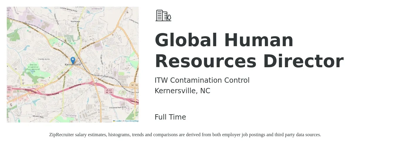 ITW Contamination Control job posting for a Global Human Resources Director in Kernersville, NC with a salary of $77,400 to $128,800 Yearly with a map of Kernersville location.