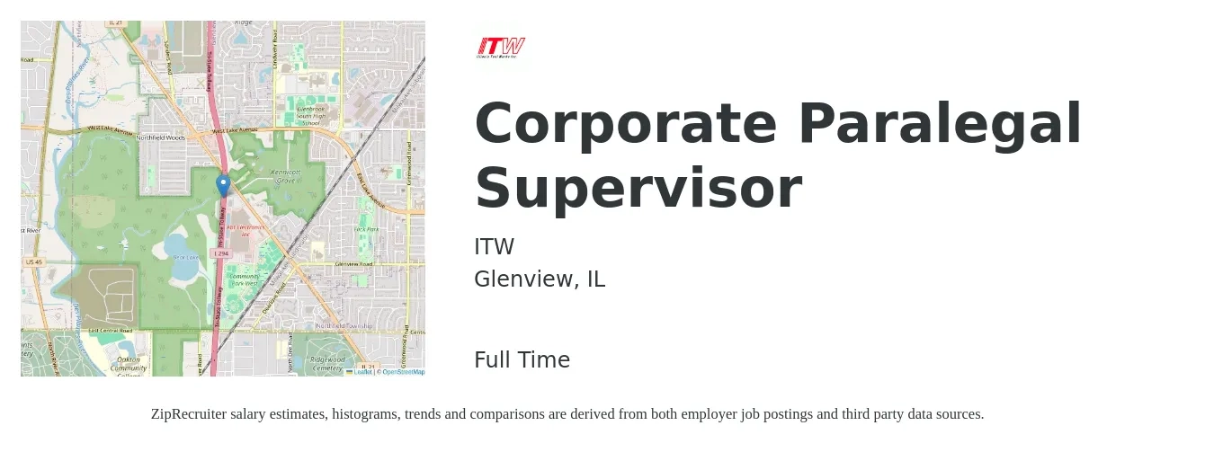 ITW job posting for a Corporate Paralegal Supervisor in Glenview, IL with a salary of $69,300 to $92,700 Yearly with a map of Glenview location.