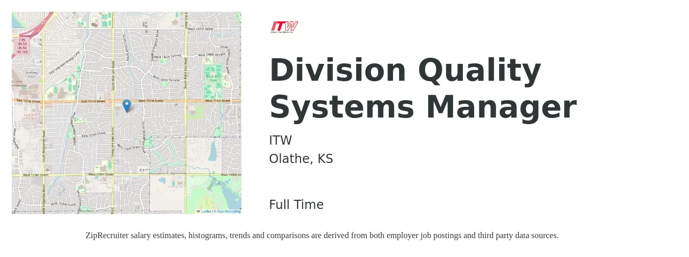 ITW job posting for a Division Quality Systems Manager in Olathe, KS with a salary of $71,400 to $115,900 Yearly with a map of Olathe location.