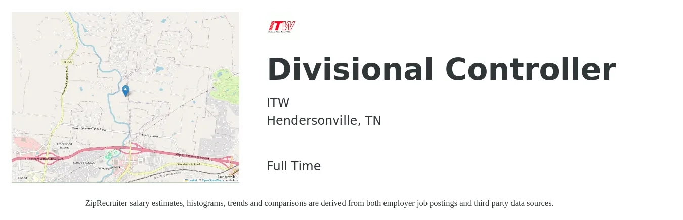 ITW job posting for a Divisional Controller in Hendersonville, TN with a salary of $97,800 to $132,800 Yearly with a map of Hendersonville location.