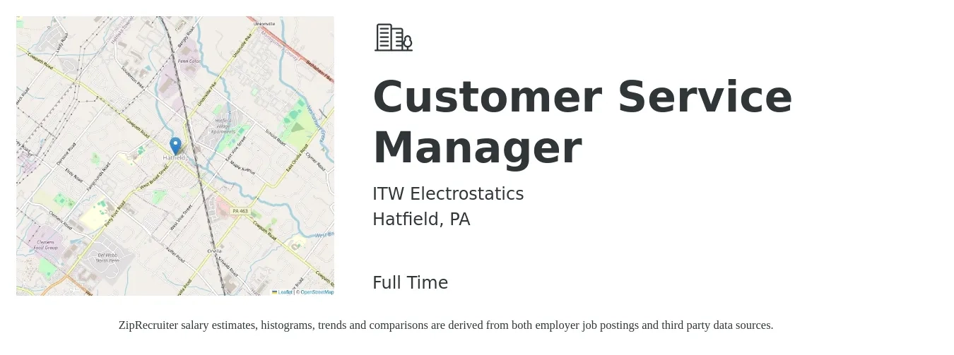 ITW Electrostatics job posting for a Customer Service Manager in Hatfield, PA with a salary of $41,400 to $70,700 Yearly with a map of Hatfield location.