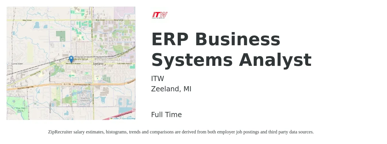 ITW job posting for a ERP Business Systems Analyst in Zeeland, MI with a salary of $37 to $56 Hourly with a map of Zeeland location.