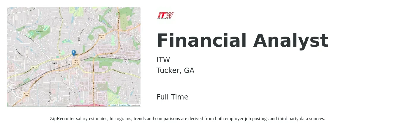 ITW job posting for a Financial Analyst in Tucker, GA with a salary of $66,000 to $104,100 Yearly with a map of Tucker location.