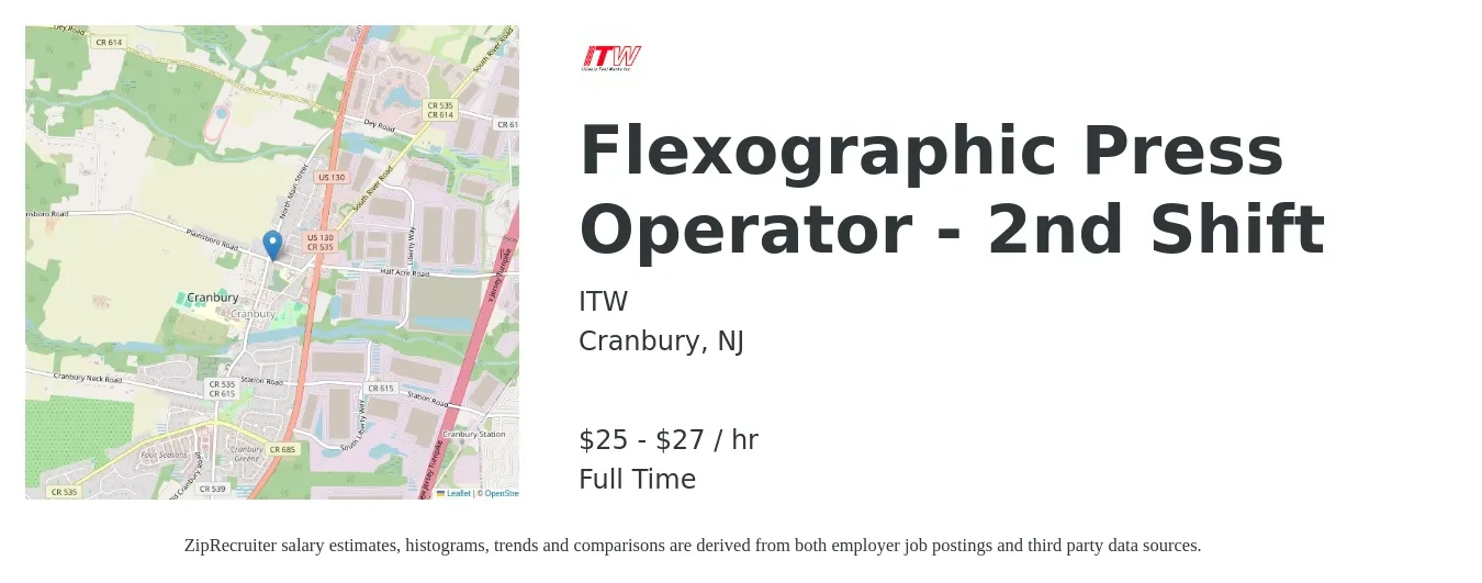 ITW job posting for a Flexographic Press Operator - 2nd Shift in Cranbury, NJ with a salary of $26 to $29 Hourly with a map of Cranbury location.