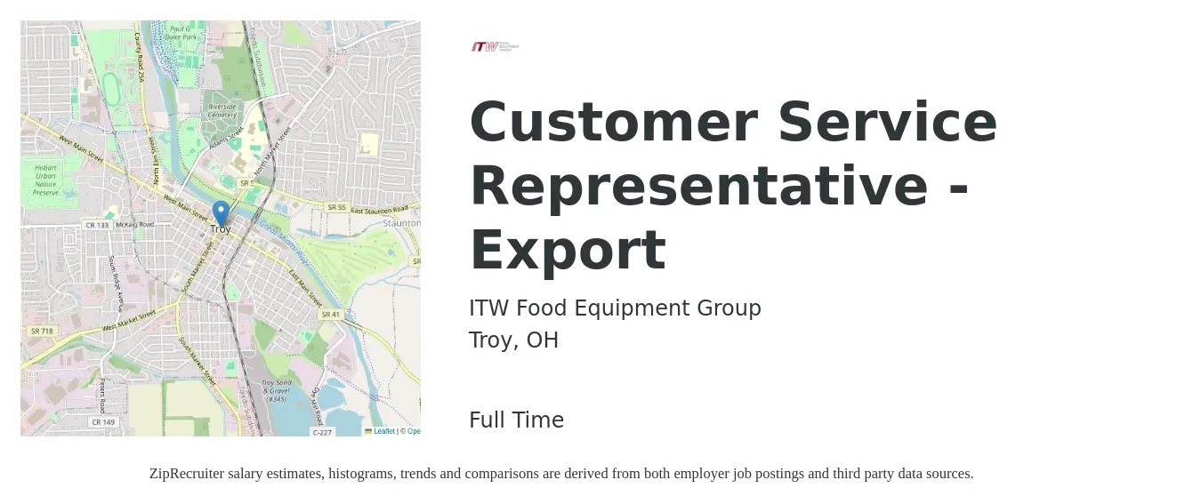 ITW Food Equipment Group job posting for a Customer Service Representative - Export in Troy, OH with a salary of $15 to $20 Hourly with a map of Troy location.