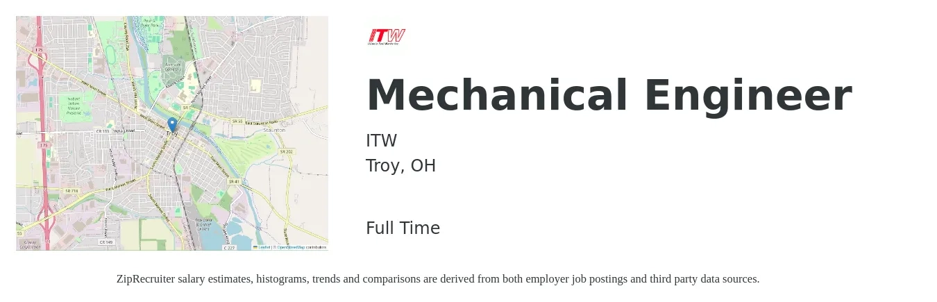 ITW job posting for a Mechanical Engineer in Troy, OH with a salary of $74,800 to $116,100 Yearly with a map of Troy location.