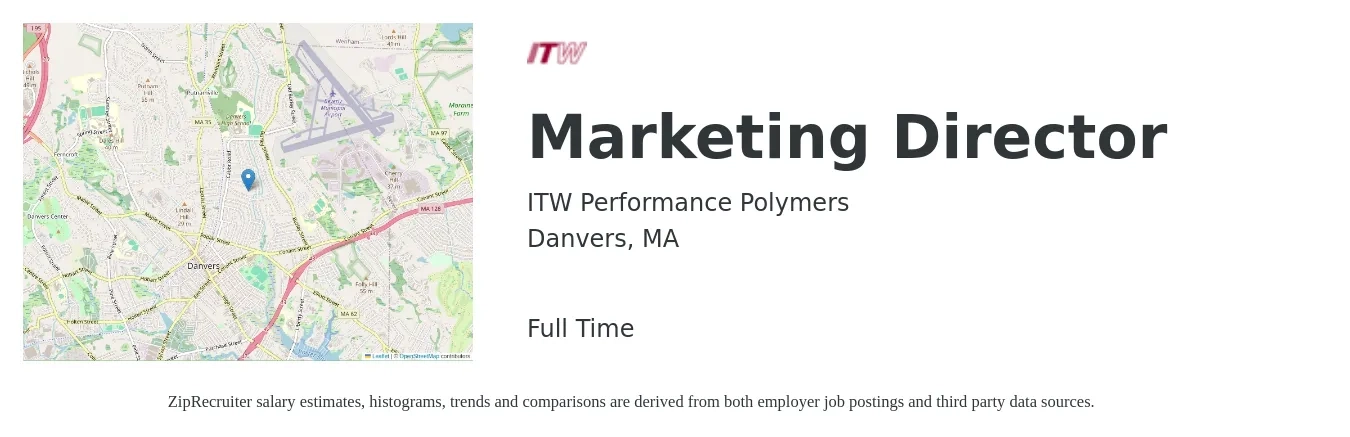 ITW Performance Polymers job posting for a Marketing Director in Danvers, MA with a salary of $75,600 to $139,000 Yearly with a map of Danvers location.